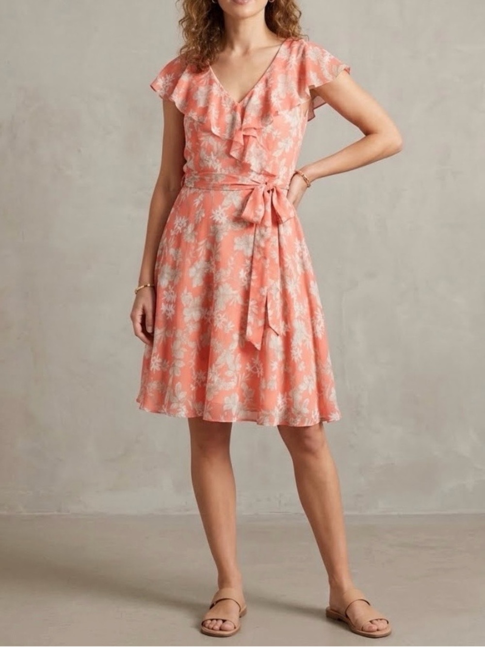 Tommy Hilfiger Women’s Size 16 Coral Floral V-neck Ruffled Flare Midi Dress